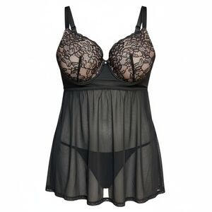 Daisy Fuentes Lace Babydoll Chemise Black Sheer Mesh Lingerie Size 1X Underwire